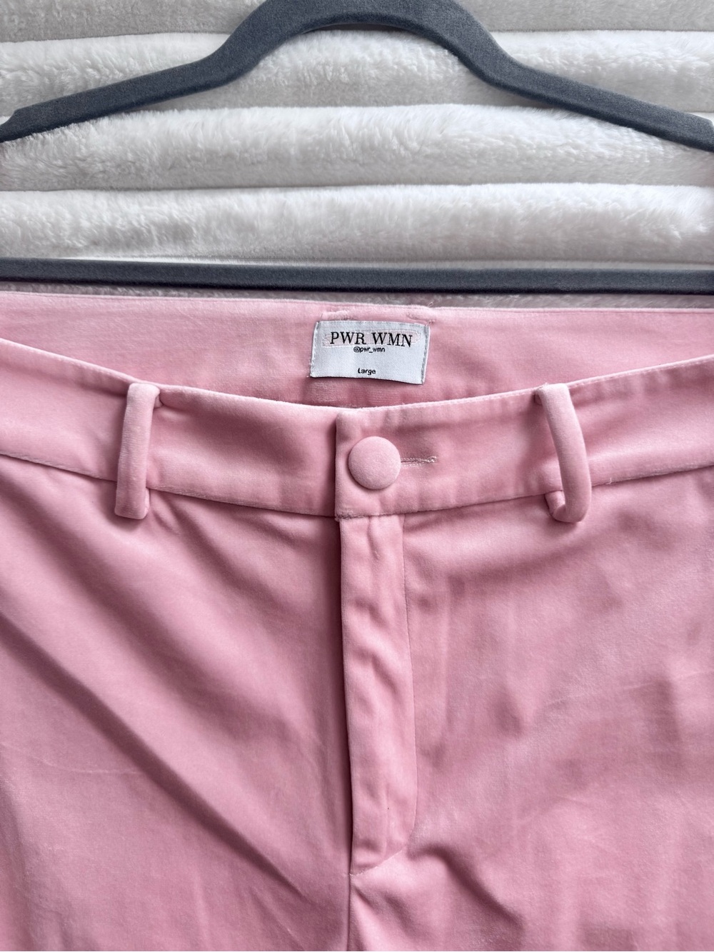 PWR WMN “Rosé S’il Vous Plait!” Pink Velvet Pants • Size L • Never Worn